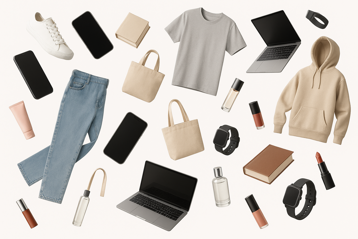 products falling from the sky, pure white background